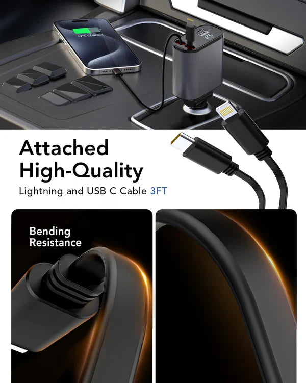 4-in-1 Retractable Car Charger For Android and iPhone