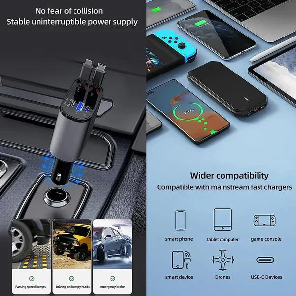 4-in-1 Retractable Car Charger For Android and iPhone