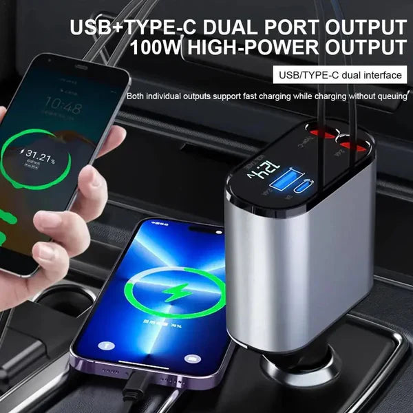 4-in-1 Retractable Car Charger For Android and iPhone