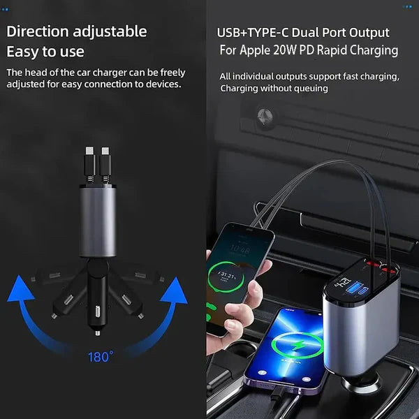 4-in-1 Retractable Car Charger For Android and iPhone